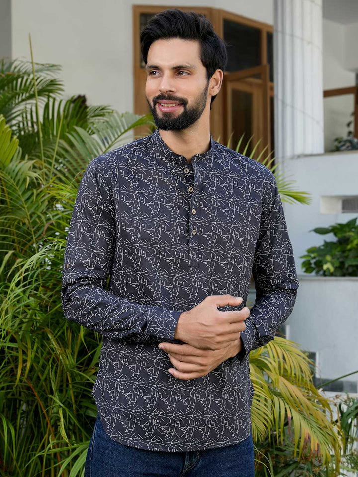 Black Geometric Printed Rayon Short Kurta