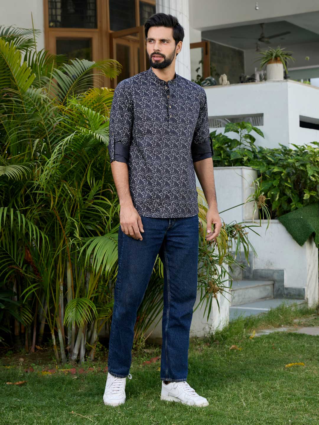 Black Geometric Printed Rayon Short Kurta