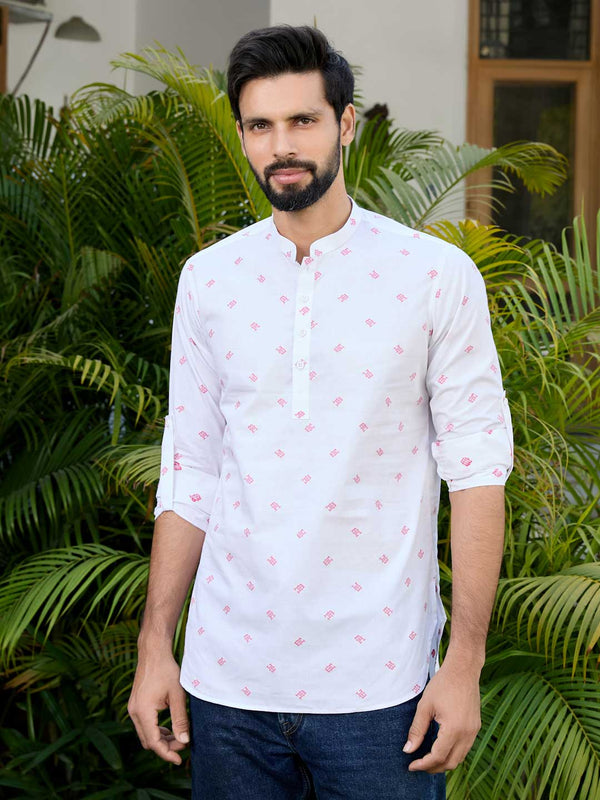 White Woven Cotton Short Kurta – White