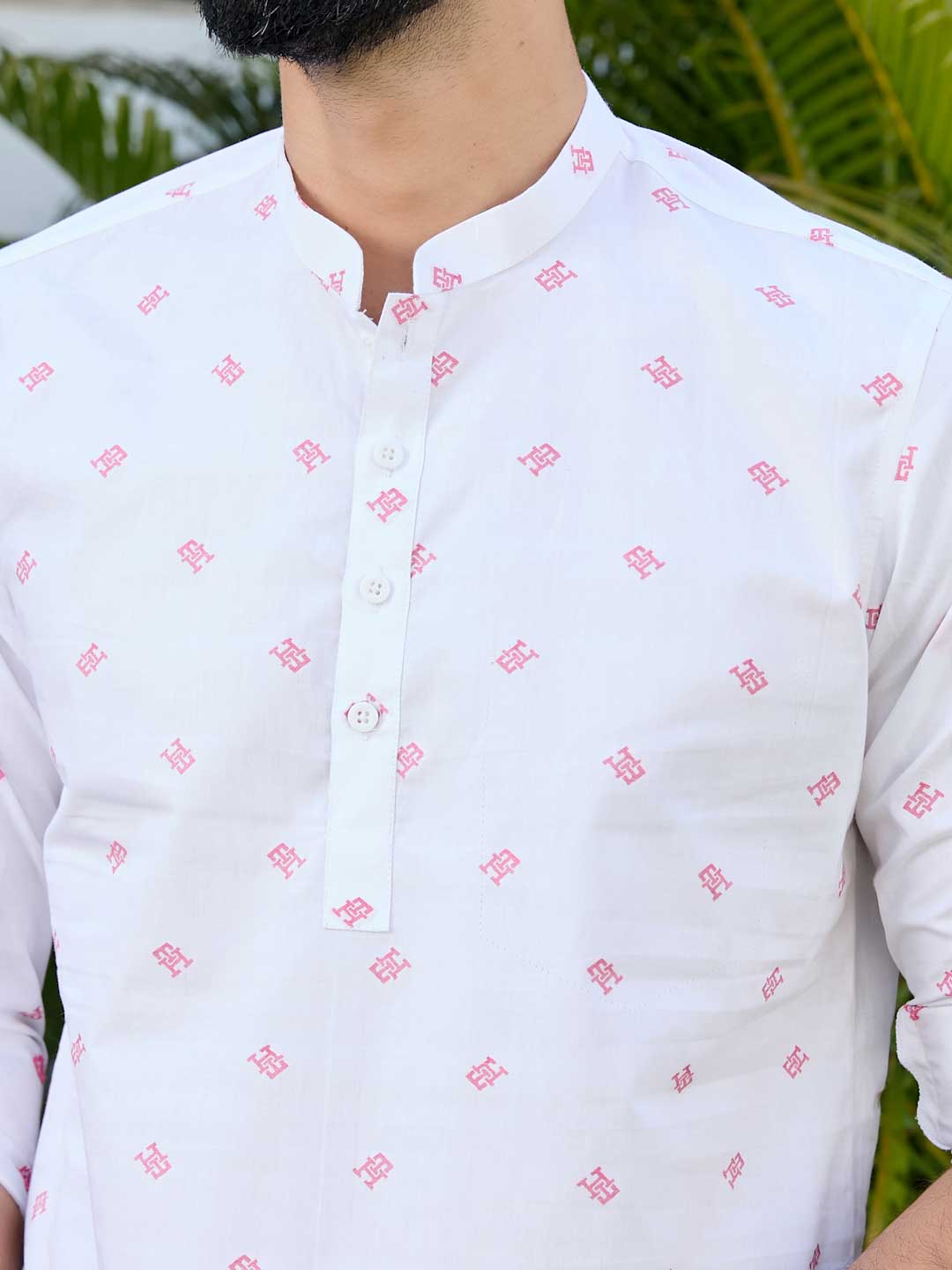 White Woven Cotton Short Kurta