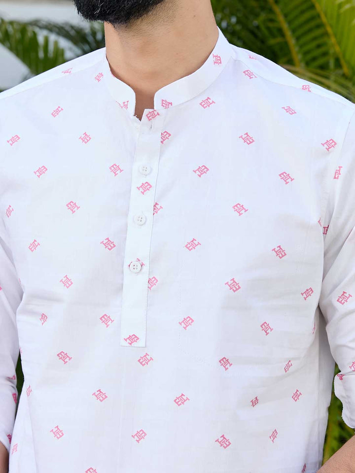 White Woven Cotton Short Kurta