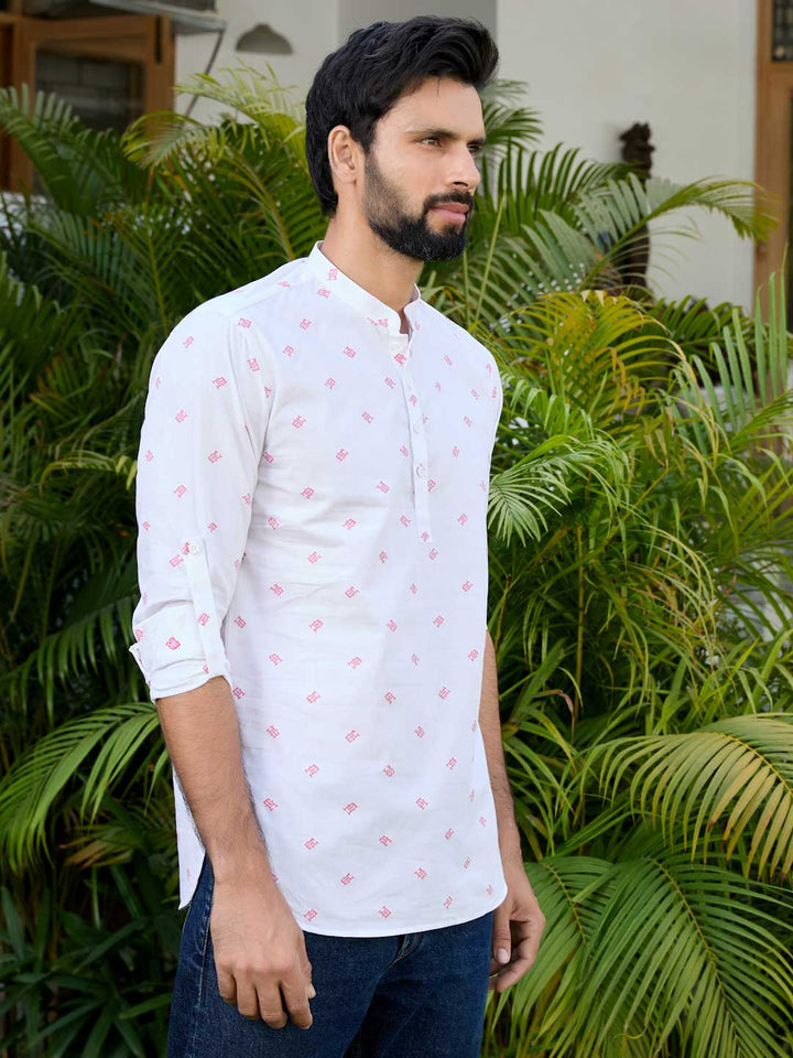 White Woven Cotton Short Kurta