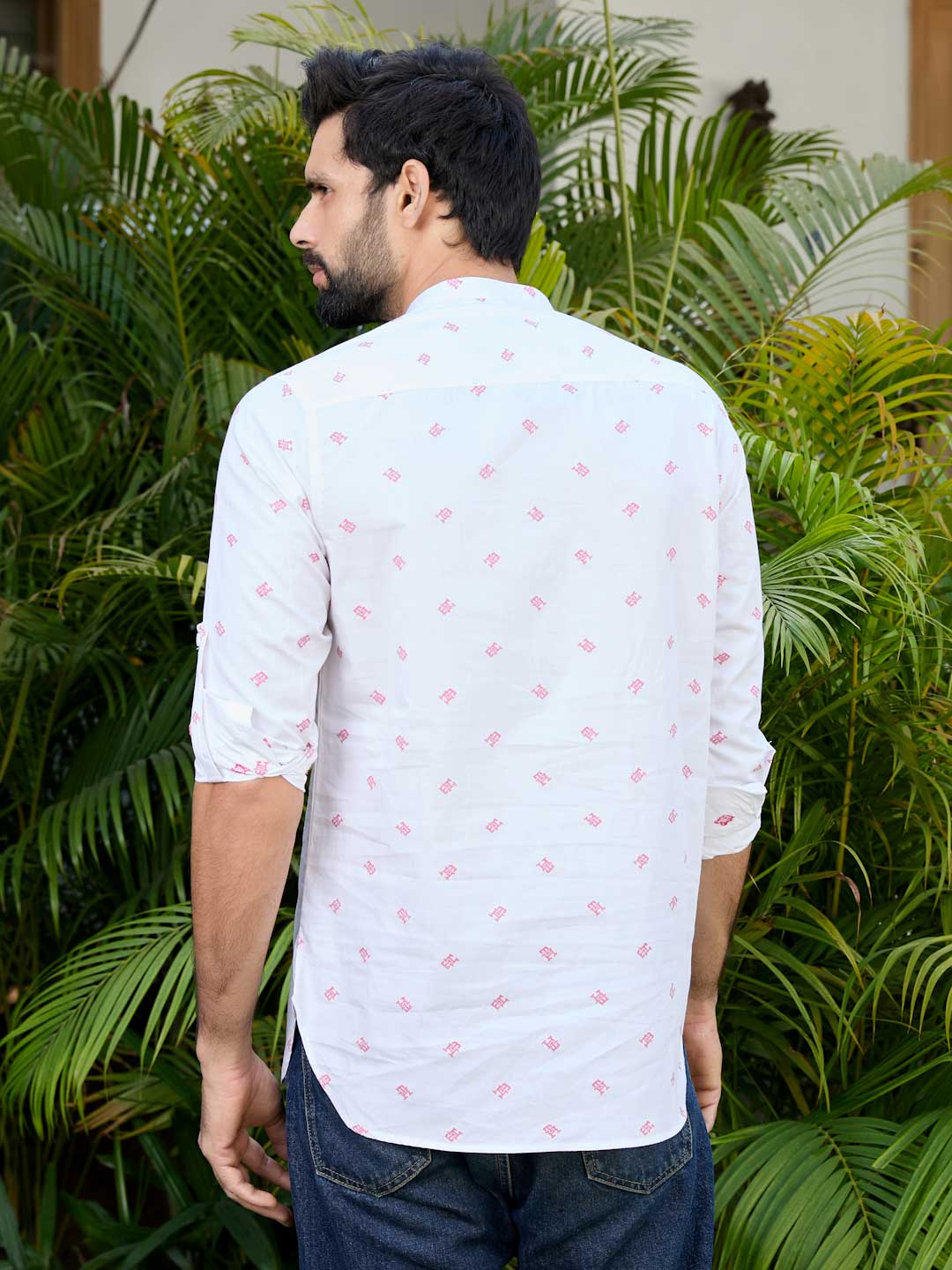 White Woven Cotton Short Kurta