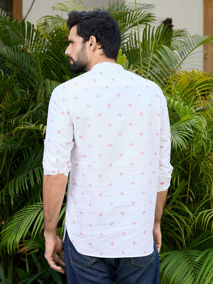 White Woven Cotton Short Kurta