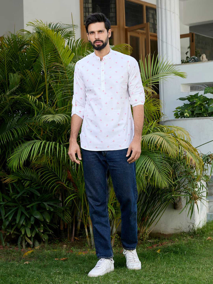 White Woven Cotton Short Kurta