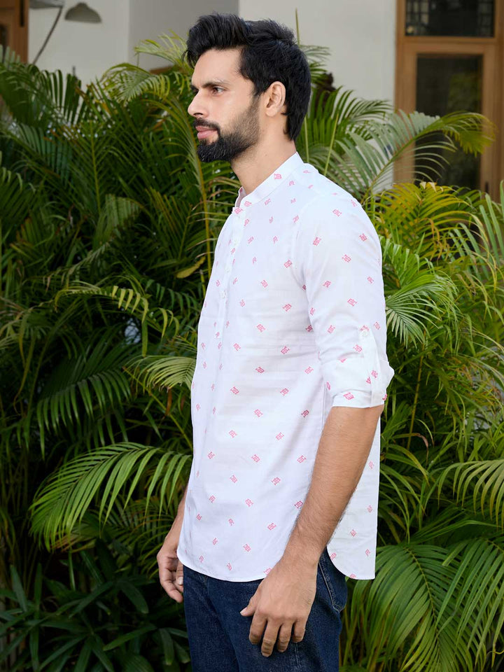 White Woven Cotton Short Kurta
