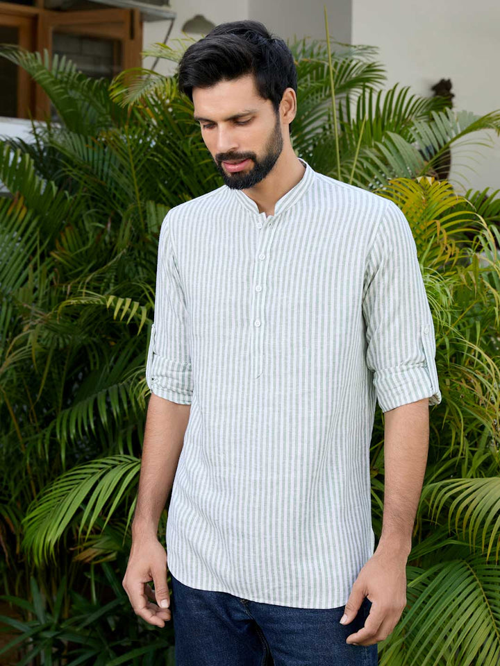 Men Green Woven Striped Cotton Short Kurta
