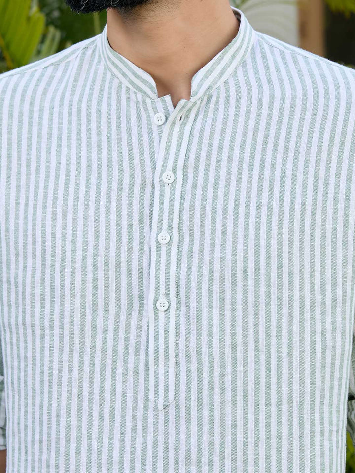 Men Green Woven Striped Cotton Short Kurta