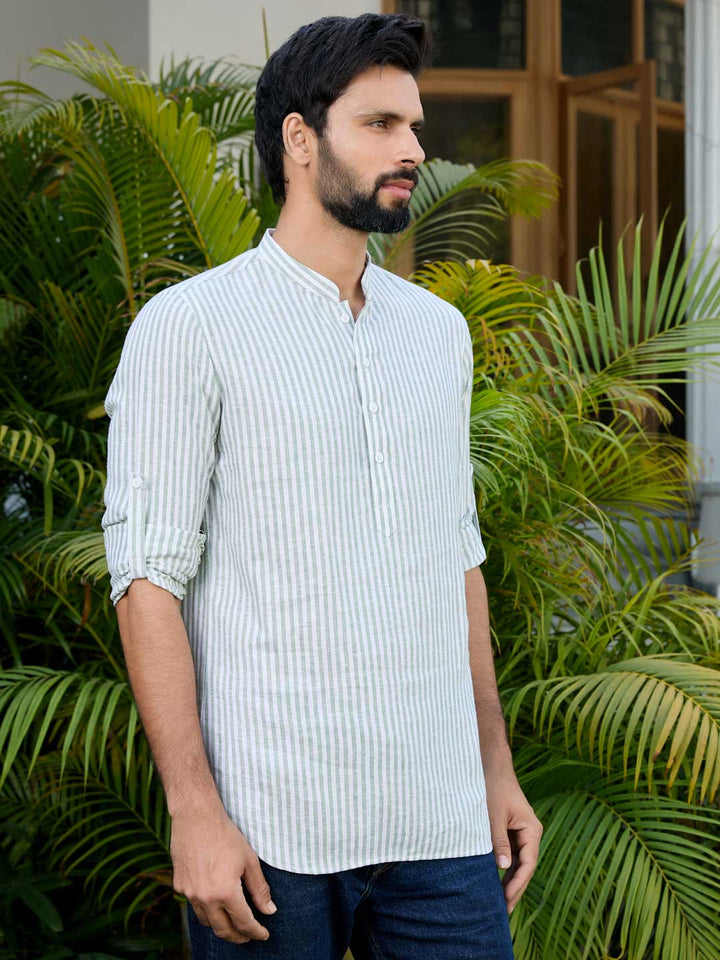 Men Green Woven Striped Cotton Short Kurta