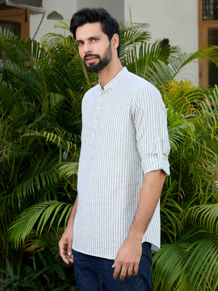 Men Green Woven Striped Cotton Short Kurta
