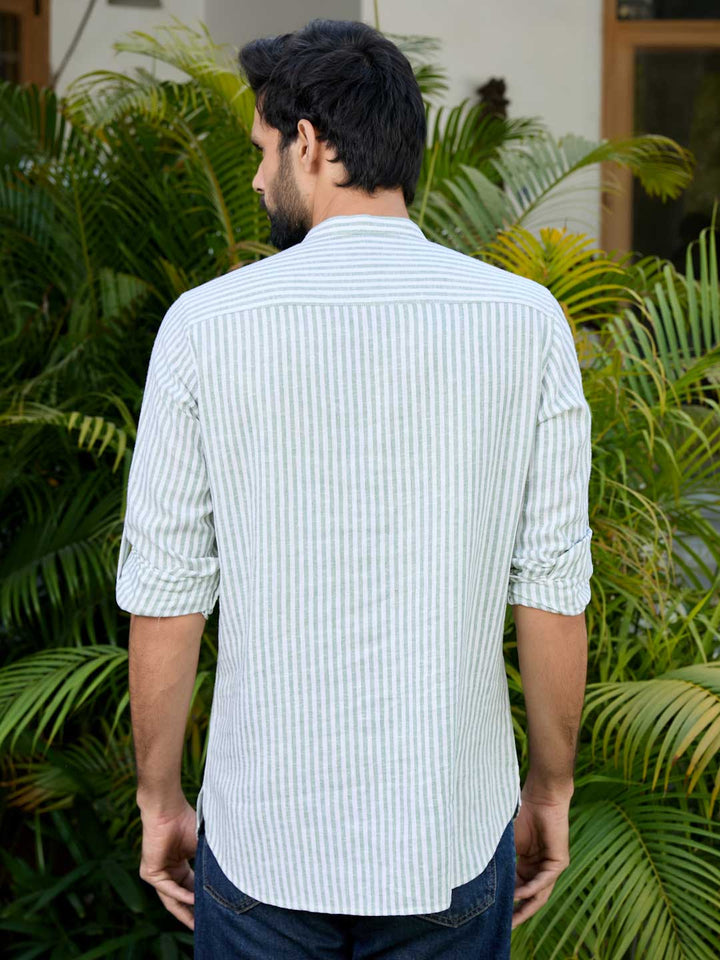 Men Green Woven Striped Cotton Short Kurta