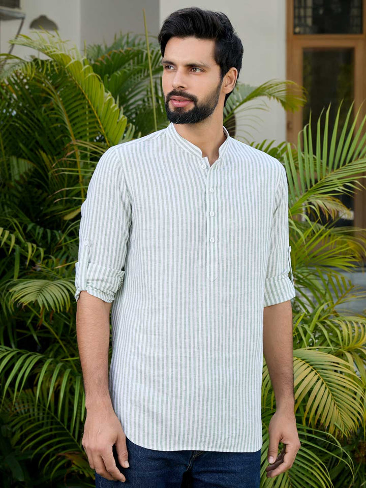 Men Green Woven Striped Cotton Short Kurta