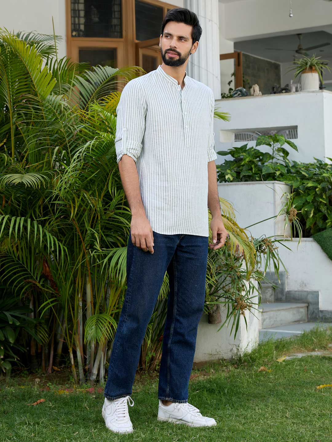Men Green Woven Striped Cotton Short Kurta