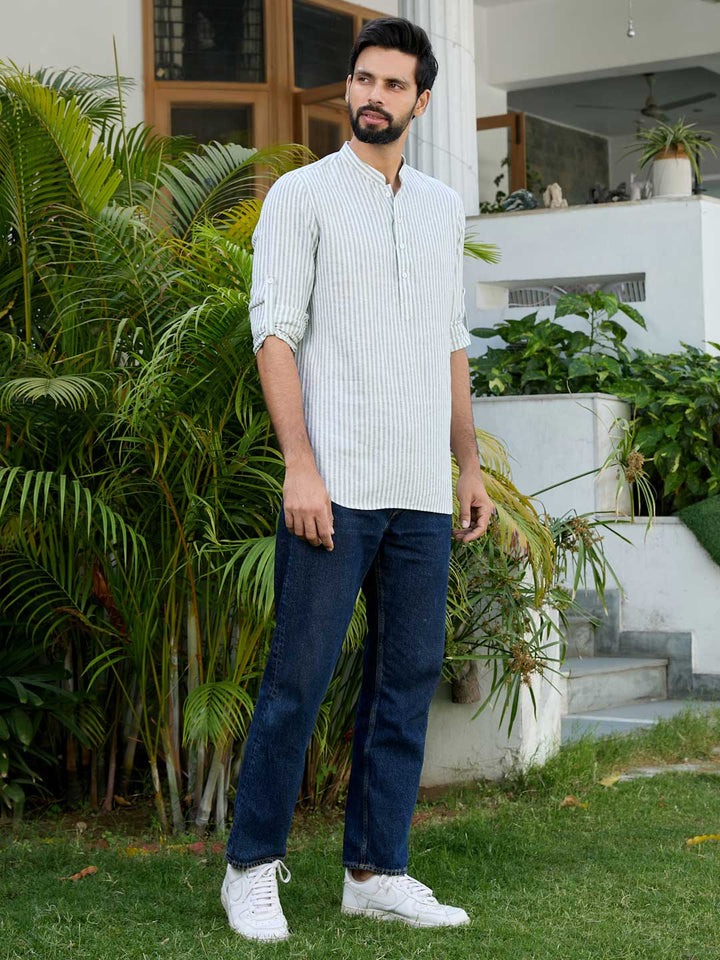 Men Green Woven Striped Cotton Short Kurta