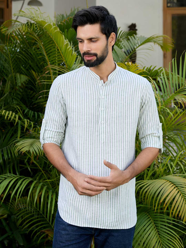 Men Green Woven Striped Cotton Short Kurta