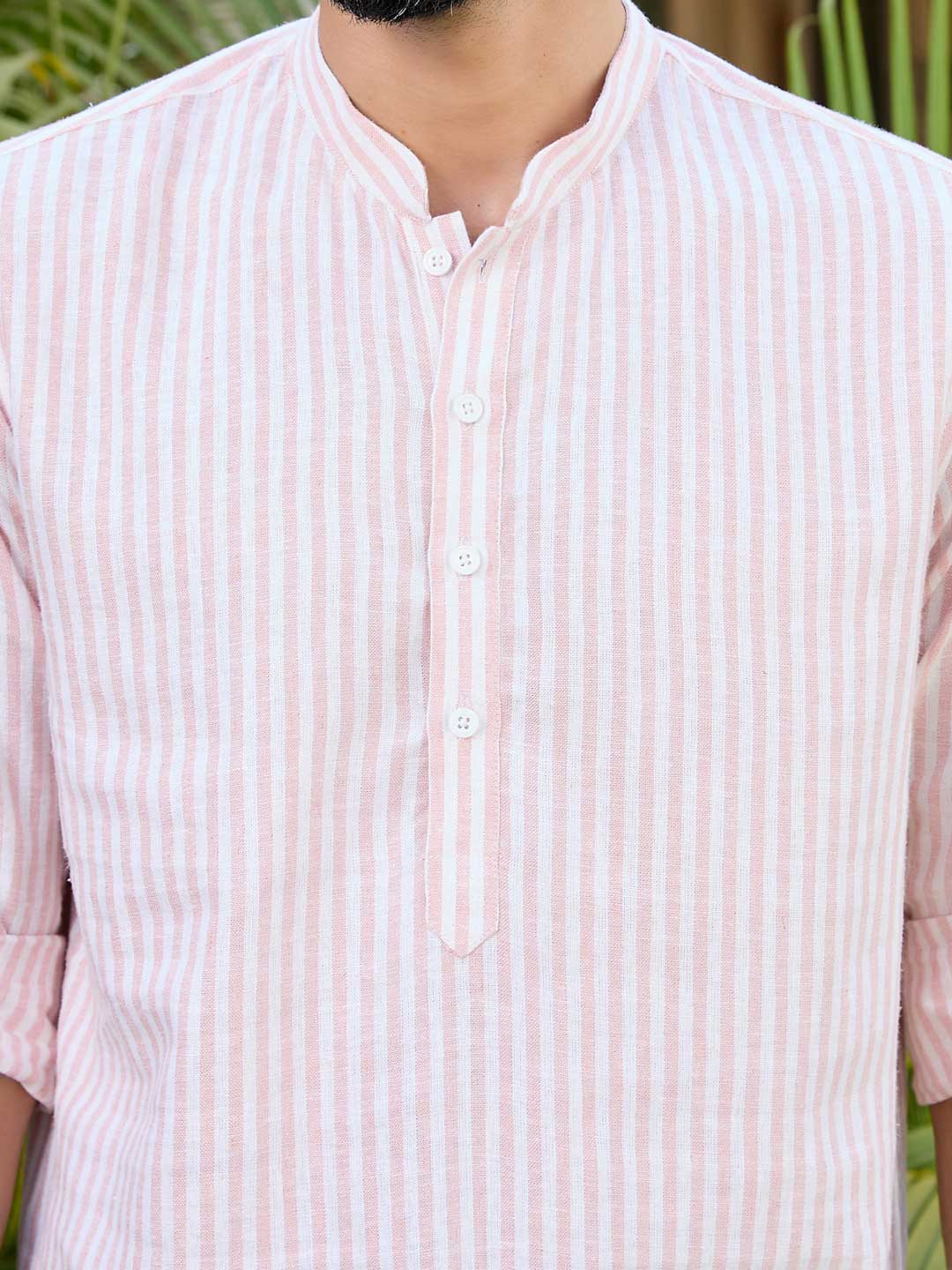 Peach Woven Striped Cotton Short Kurta