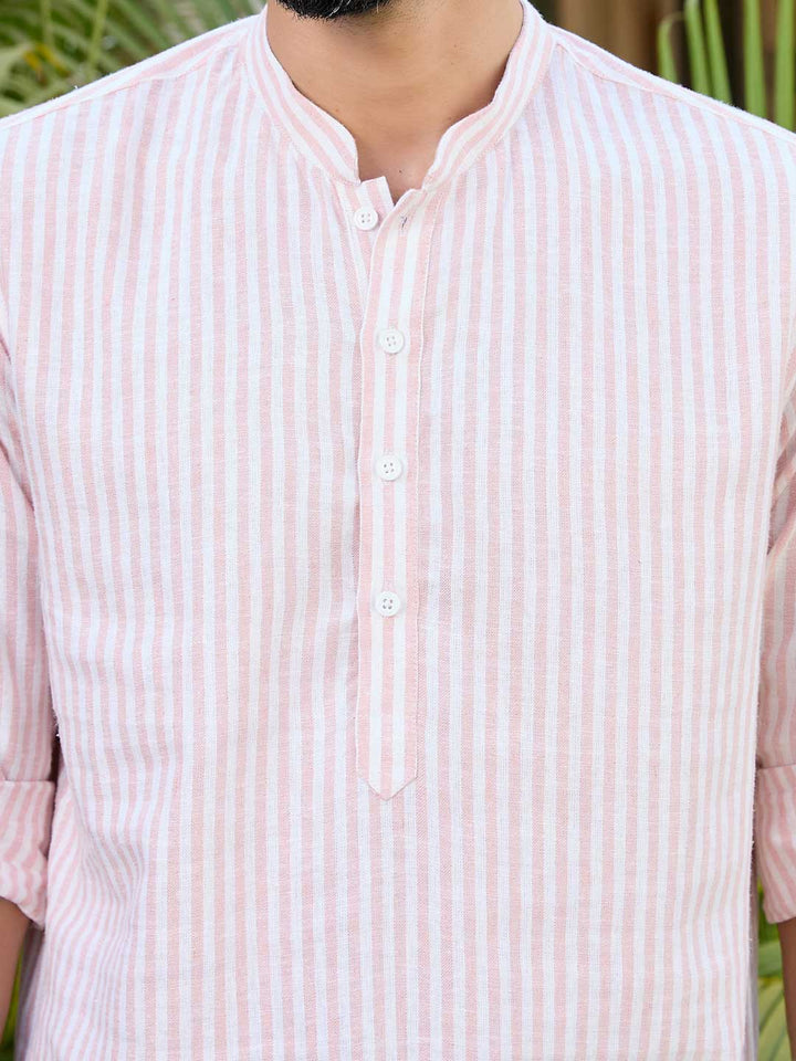 Peach Woven Striped Cotton Short Kurta