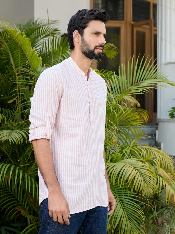 Peach Woven Striped Cotton Short Kurta