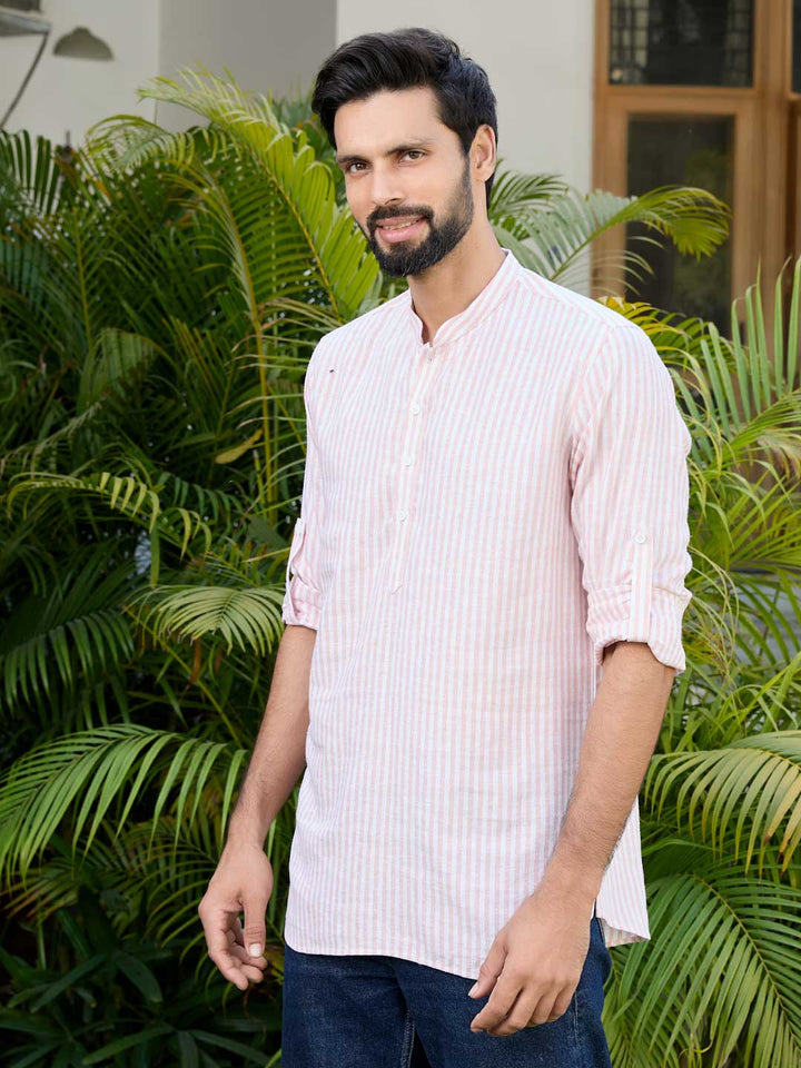 Peach Woven Striped Cotton Short Kurta