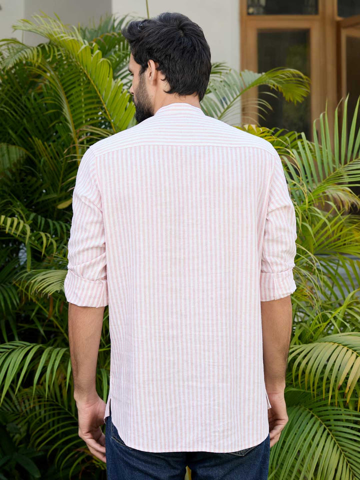 Peach Woven Striped Cotton Short Kurta