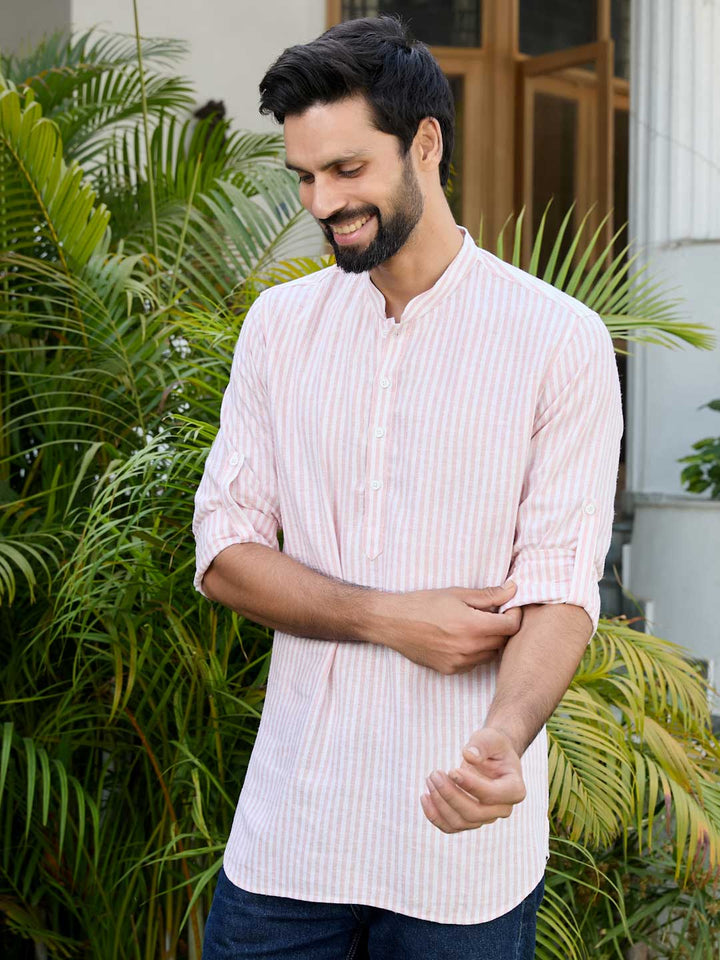 Peach Woven Striped Cotton Short Kurta