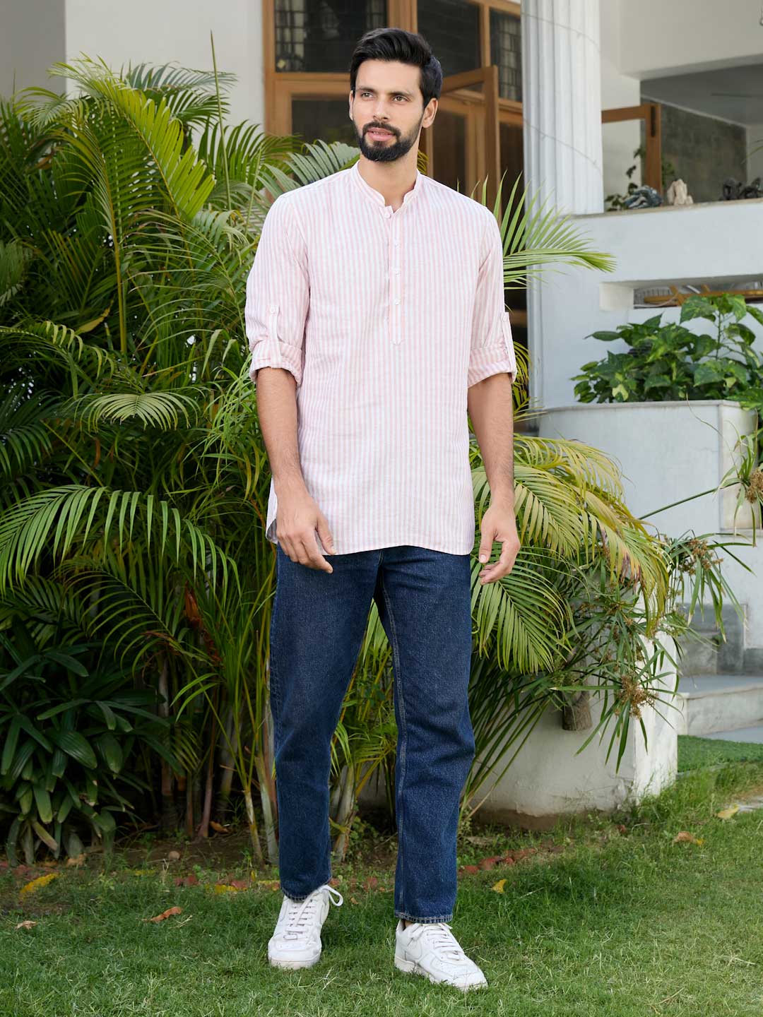 Peach Woven Striped Cotton Short Kurta