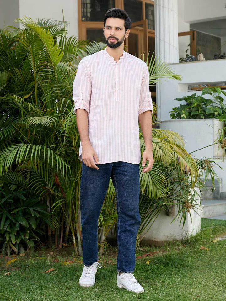 Peach Woven Striped Cotton Short Kurta