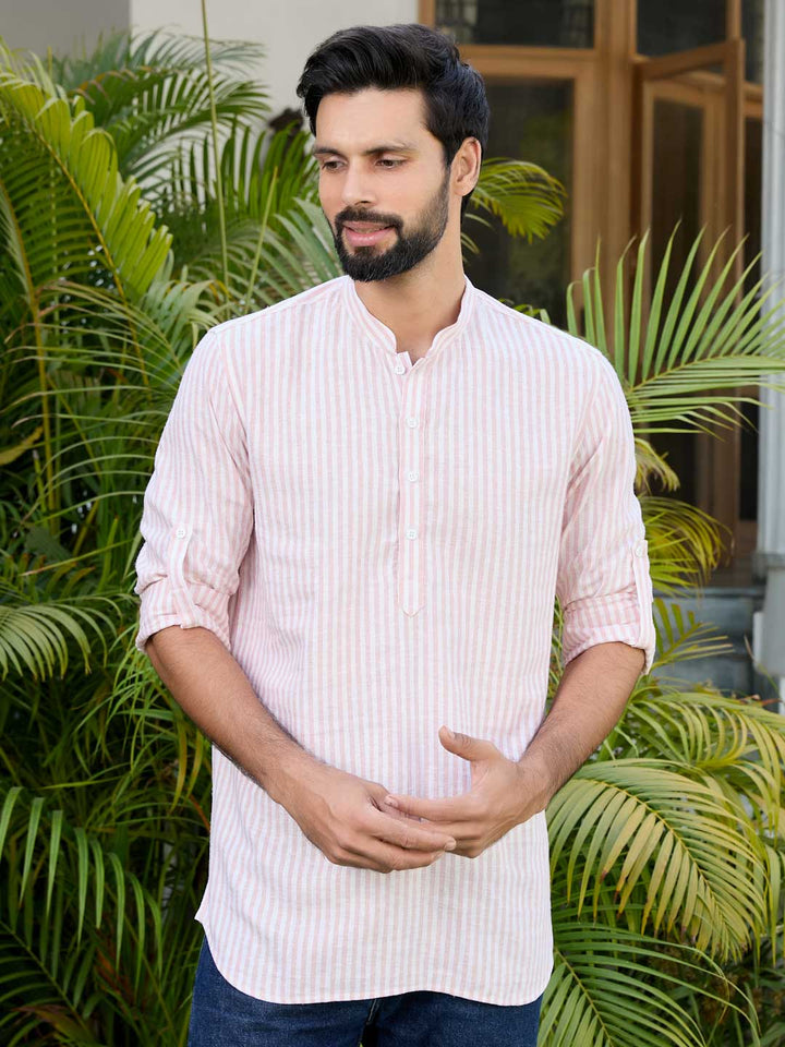 Peach Woven Striped Cotton Short Kurta