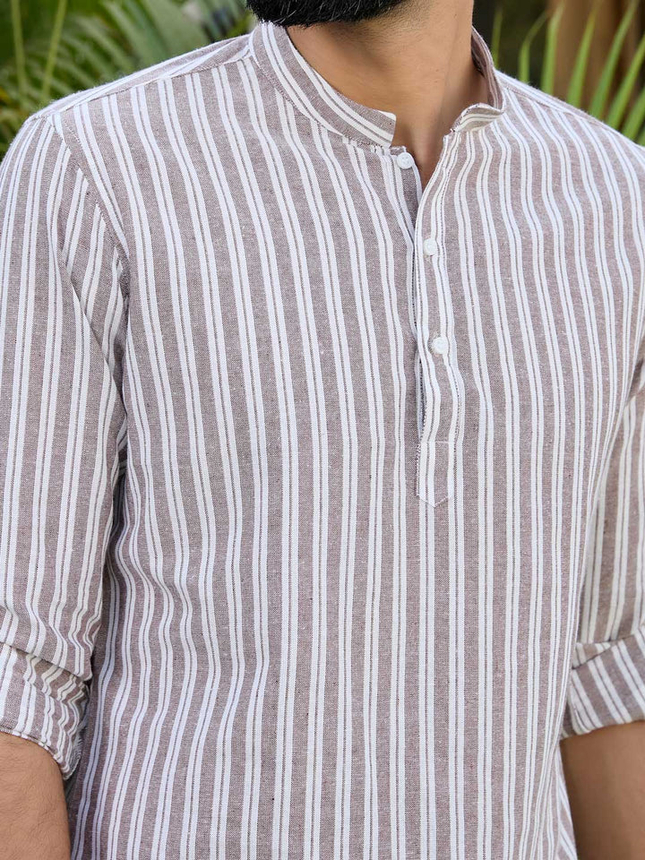 Brown Woven Striped Cotton Short Kurta