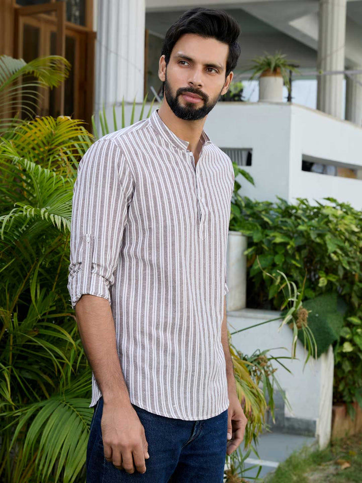 Brown Woven Striped Cotton Short Kurta