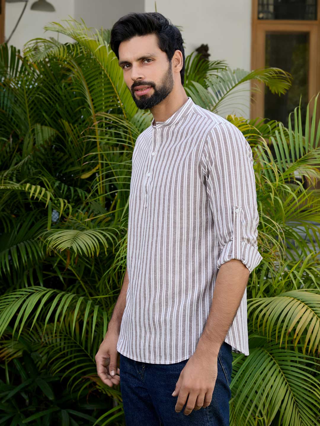 Brown Woven Striped Cotton Short Kurta