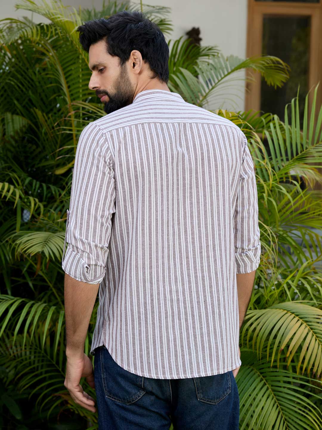 Brown Woven Striped Cotton Short Kurta