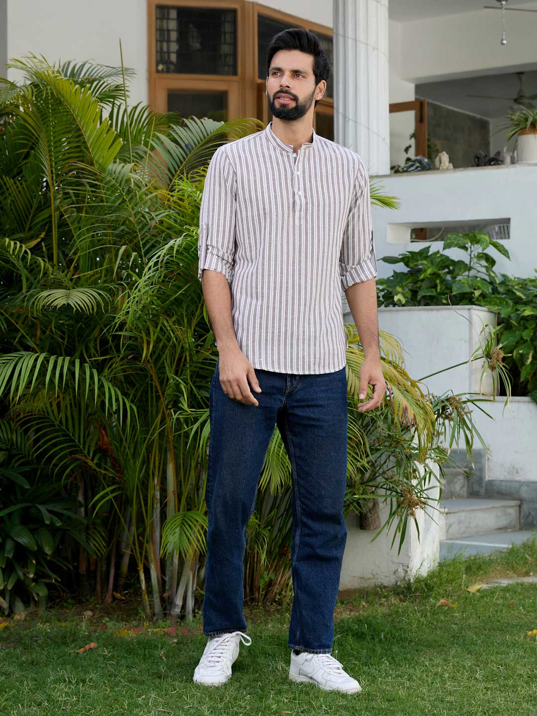 Brown Woven Striped Cotton Short Kurta