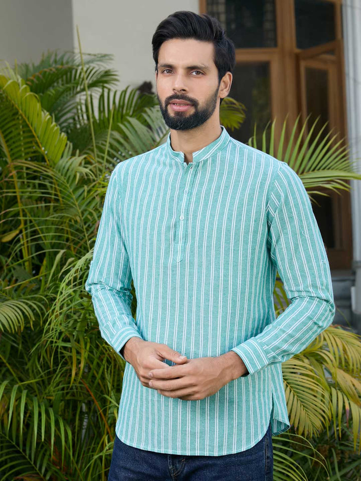 Men Woven Green Striped Cotton Short Kurta