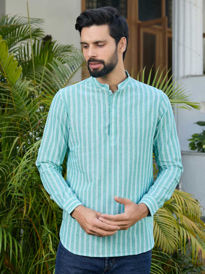 Men Woven Green Striped Cotton Short Kurta