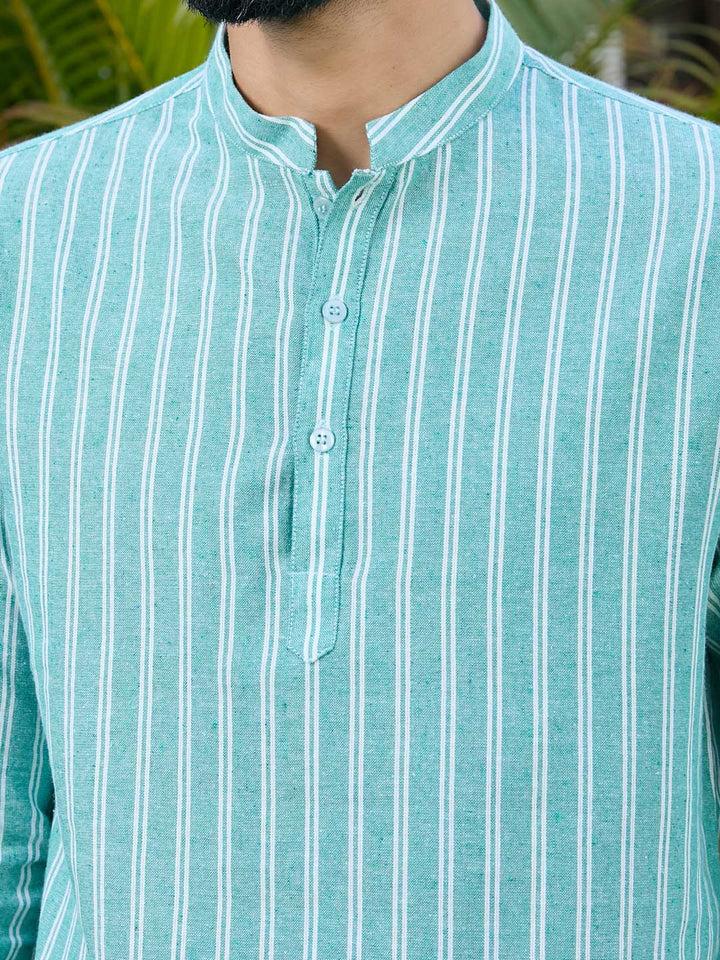 Men Woven Green Striped Cotton Short Kurta