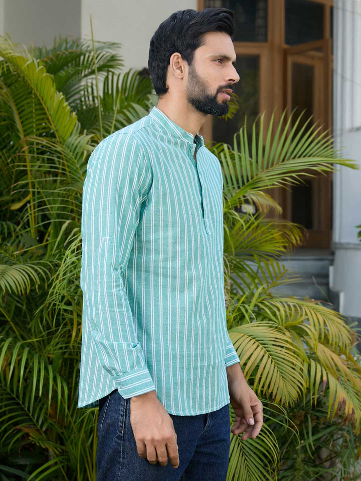 Men Woven Green Striped Cotton Short Kurta