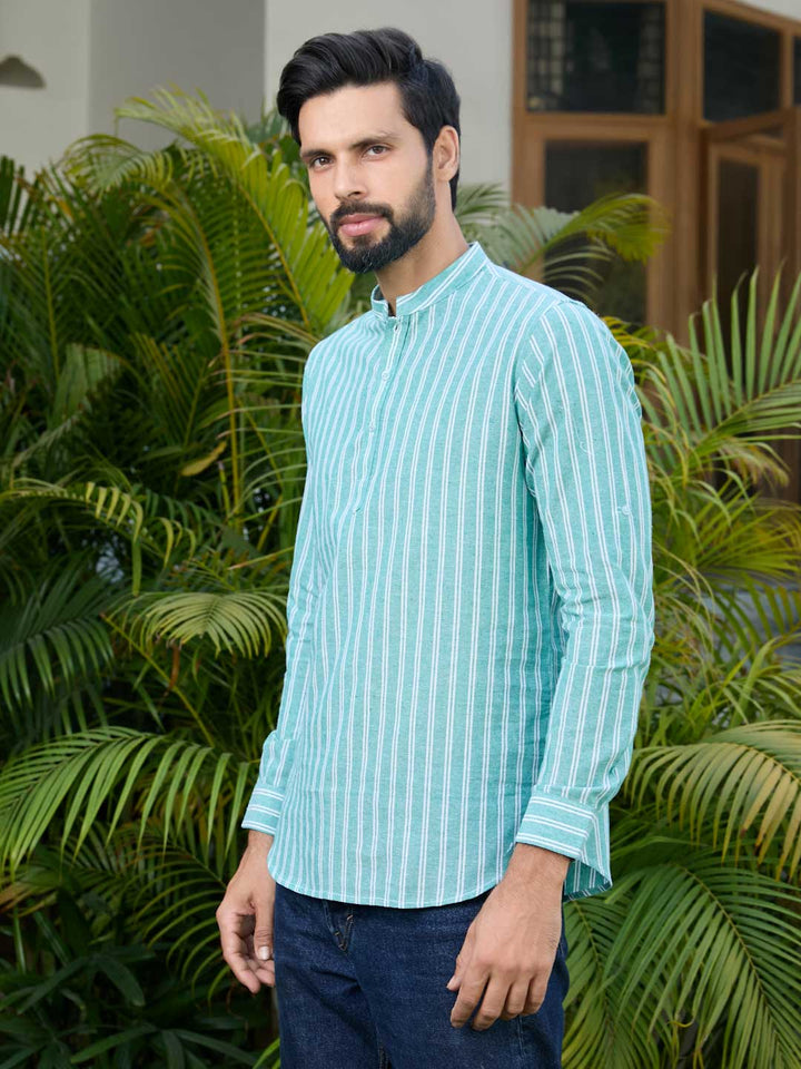 Men Woven Green Striped Cotton Short Kurta