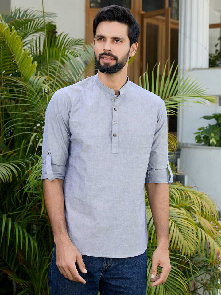 Men Dark Blue Solid cotton Short Kurta