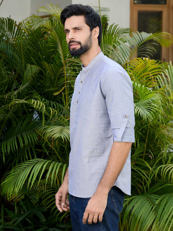 Men Dark Blue Solid cotton Short Kurta