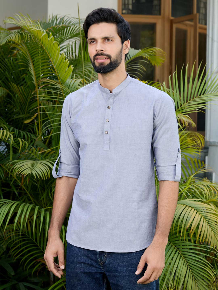 Men Dark Blue Solid cotton Short Kurta