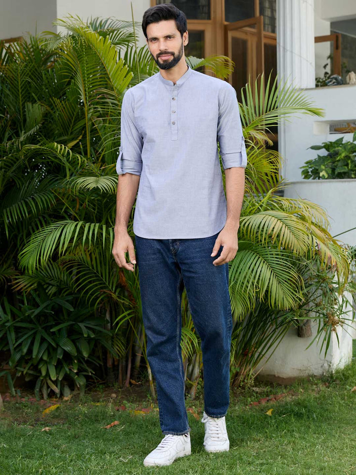 Men Dark Blue Solid cotton Short Kurta
