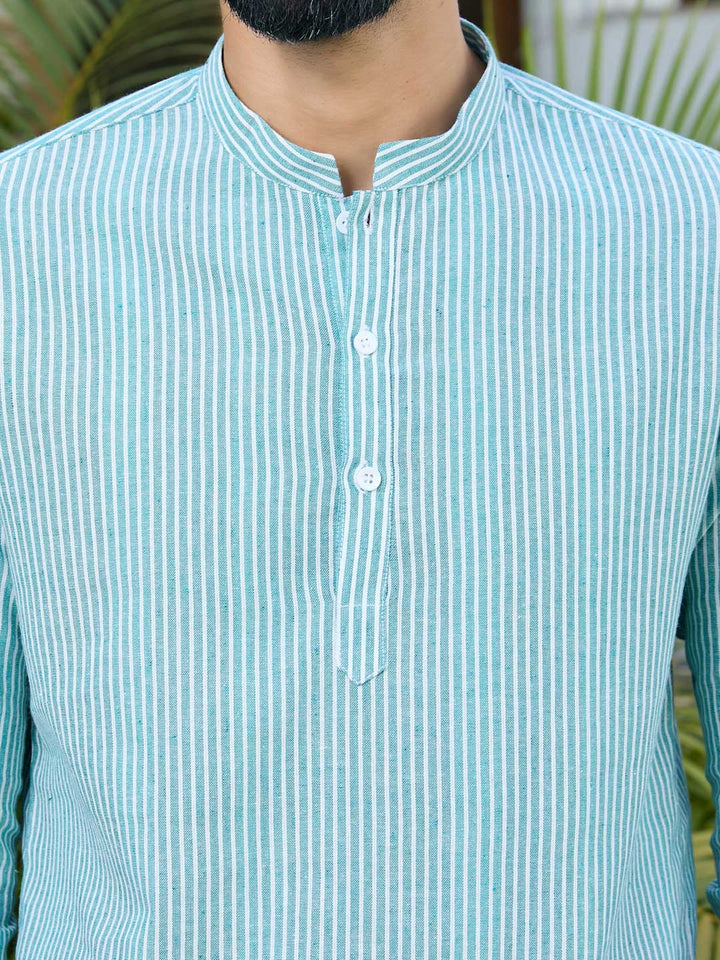 Green Woven Striped Cotton Short Kurta