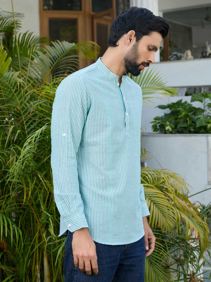 Green Woven Striped Cotton Short Kurta