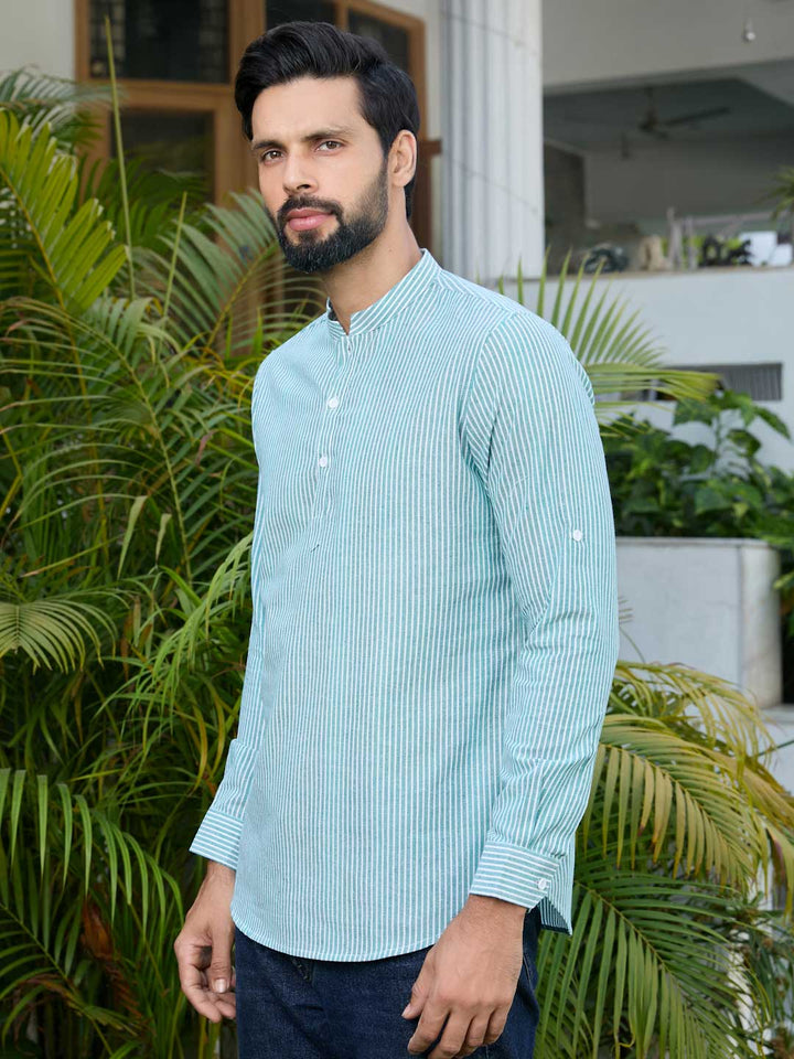 Green Woven Striped Cotton Short Kurta