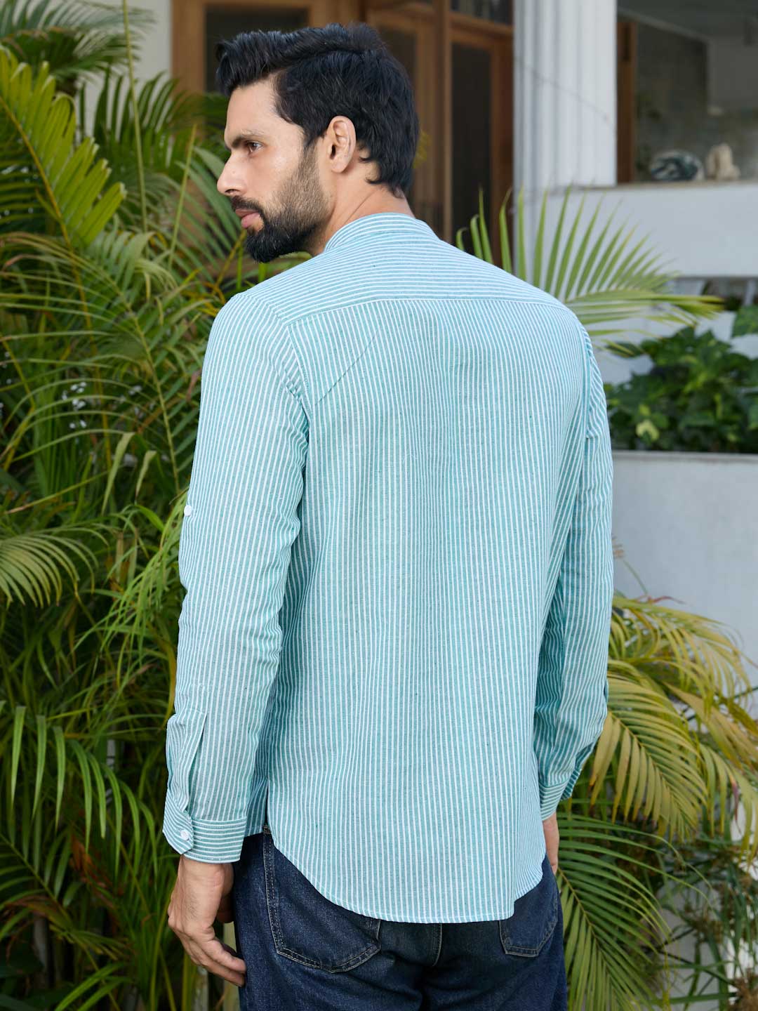 Green Woven Striped Cotton Short Kurta
