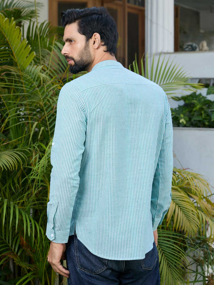 Green Woven Striped Cotton Short Kurta