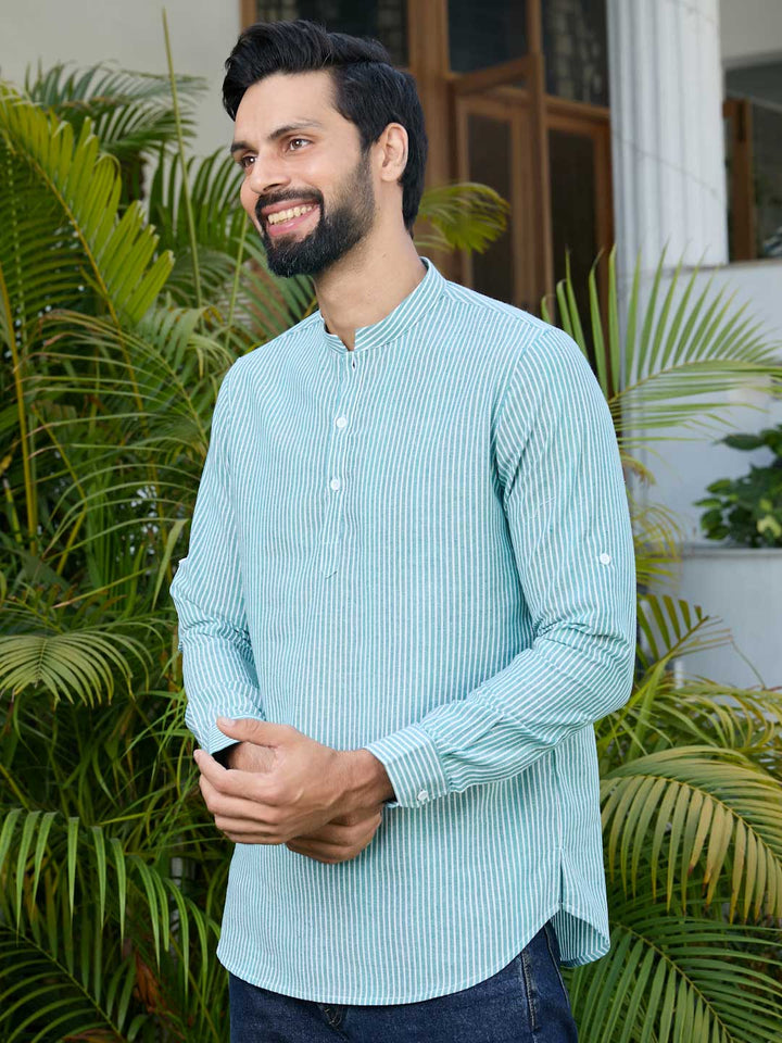 Green Woven Striped Cotton Short Kurta