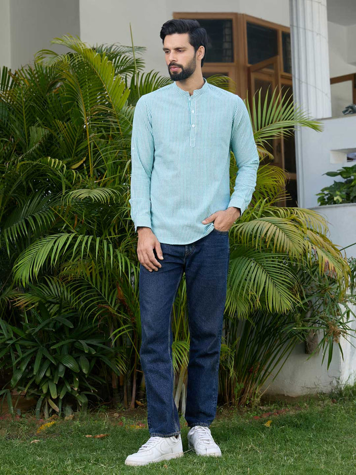 Green Woven Striped Cotton Short Kurta