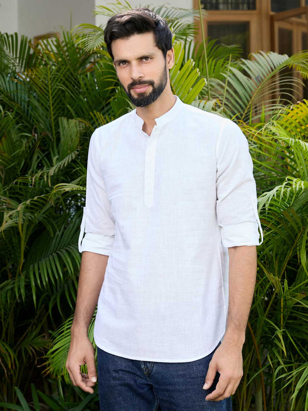 Men White Pure Cotton Slub Short Kurta